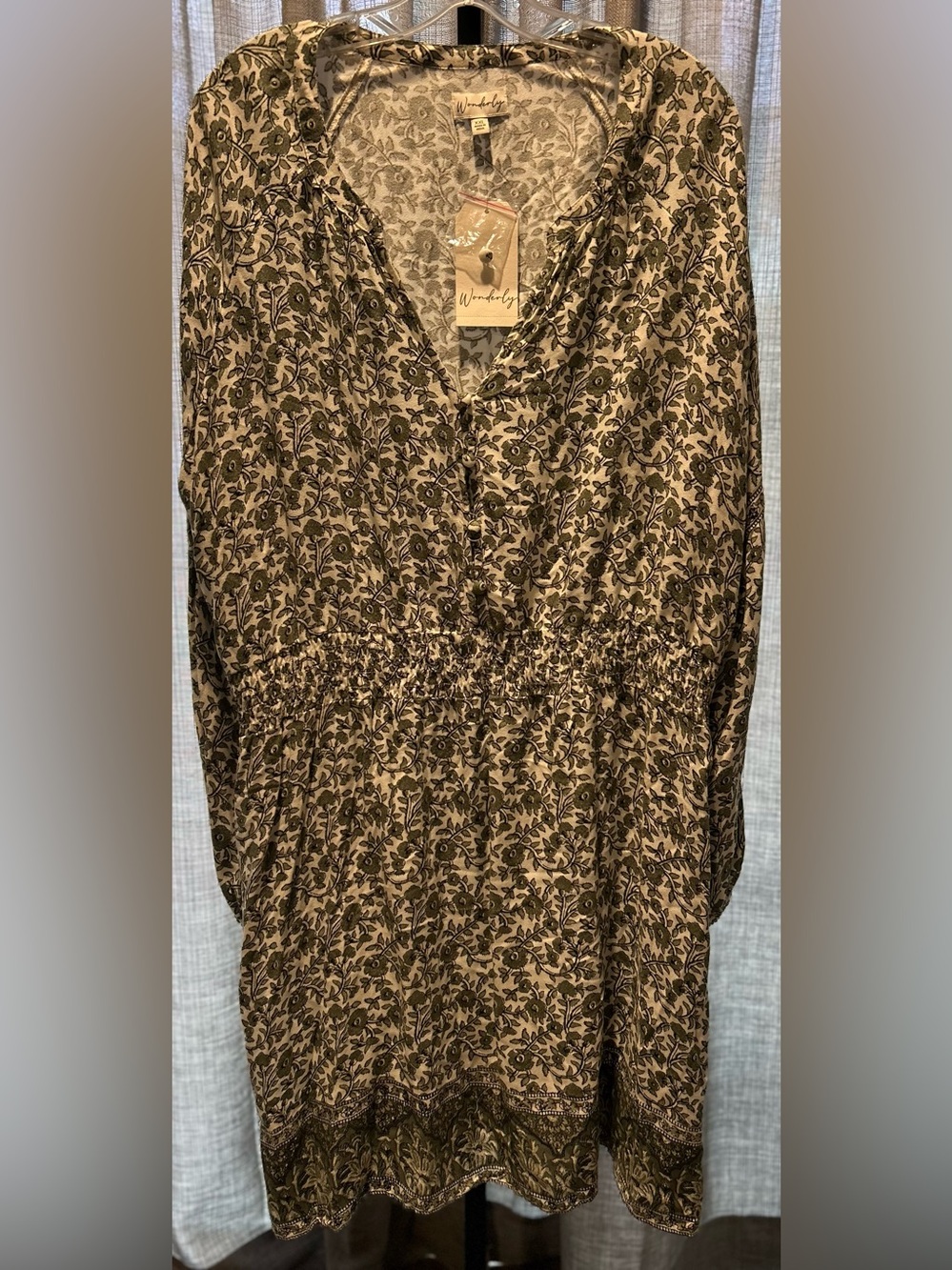 Wonderly Olive Floral V-Neck Shirred Waist Tunic